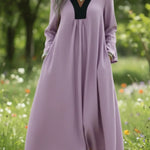 Retro Cozy Color-blocked V-neck Linen Dress