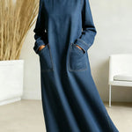 Women's New Spring Collection Round Neck Long-sleeved Casual Loose Denim Dress With Pockets.