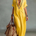 Loose-fitting V-neck Linen And Cotton Dress