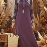 Cozy Henley Collar Sleeves Patchwork Plaid Knit Dress