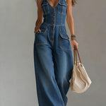 Women's Casual Denim Jumpsuit With Wide-leg Pants