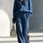 Cozy Color-blocked Linen-cotton Sweatshirt And Pants Set