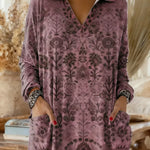 Women's Retro Print V-neck Long Sleeve Casual Loose Cotton Top