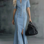 Casual Zippered Denim Fishtail Dress