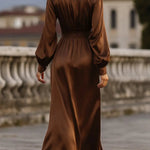 Satin Cinched Waist Mocha Brown - Maxi Dress