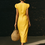 Elegant V-neck Button-up Linen Midi Dress