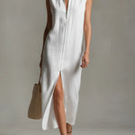Women's Solid Color Stand-collar Sleeveless Casual Loose Linen Dress