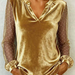 Women's V-neck Lace Patchwork Long Sleeve Velvet Top