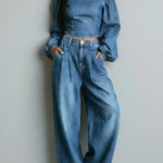 Women's Off-the-shoulder Long-sleeved Casual Loose Denim Top And High-waisted Wide-leg Jeans Set.