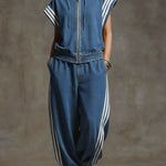 Women's Stand-collar Short-sleeved Casual Loose Denim Top And High-waisted Wide-leg Jeans Set.