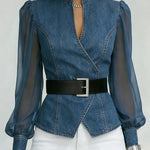 Elegant, Slim-fitting Denim Top With Organza Sleeves.