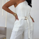 Elegant Off-the-shoulder Linen Wide-leg Jumpsuit