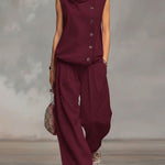 Women's Solid Color Stand-collar Sleeveless Casual Loose Cotton Top And High-waisted Loose Wide-leg Pants Set.