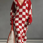 Women's Plaid Print V-neck Long-sleeved Casual Loose Knit Dress
