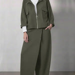 Women's Casual Zippered Cotton Jacket And Pants Two-piece Set