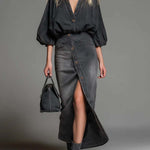 Women's V-neck 3/4 Sleeve Denim Top And High-waisted Casual Loose Denim Skirt Set