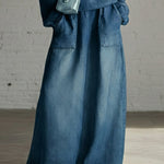 Casual Denim Stand-collar Zip-up Top And Skirt Two-piece Set