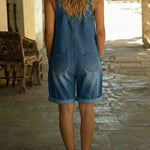 Casual Adjustable-strap Denim Jumpsuit Shorts