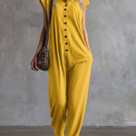 Women's Solid Color Short-sleeved Casual Loose Hooded Cotton And Linen Wide-leg Jumpsuit