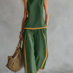 Women's Round Neck Sleeveless Casual Loose Top And High-waisted Loose Wide-leg Pants Cotton And Linen Set.