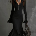 Women's Elegant Zippered Collar Flared Sleeve Knitted Fishtail Dress