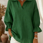 Retro Cozy Polo Collar Lantern Sleeve Linen Shirt Top