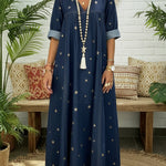 Casual Gold Star Print 100% Cotton Denim Dress