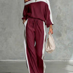 Women's Square-neck Off-the-shoulder Long-sleeved Loose-fitting Top And Elastic-waist Loose-fitting Wide-leg Pants Cotton And Linen Set.