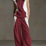 Women's Stand-collar Sleeveless Loose-fitting Cotton Top And Elastic-waist Loose Wide-leg Cotton Pants Set.