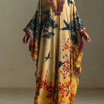 Elegant Red Maple Blossom And Bird Art Print Long Robe Dress