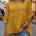 Women's Solid Color Round Neck 3/4 Sleeve Casual Loose Linen Top