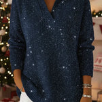 Christmas Party Polo Collar Shiny Loose Sweater Top