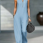 Women's Stand-collar Sleeveless Casual Loose Cotton And Linen Jumpsuit