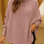 Women's Solid Color High-neck Casual Button-up Loose Knit Top