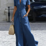 Women's Casual Urban Plain Buttoned Shirt Collar Maxi Cotton Dress