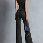 Casual Zipper Sleeveless Denim Flared Jumpsuit