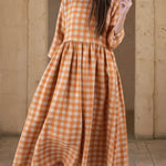 Vintage Plaid Print Button-up Loose Midi Dress