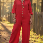 Women's Cozy Loose Collar Button-up Linen Jumpsuit