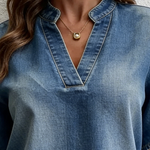 Casual V-neck Petal Sleeves Denim Blouse