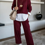 Women's Solid Color Round Neck Long-sleeved Casual Loose Knit Sweater And High-waisted Solid Color Casual Wide-leg Pants Set.