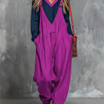 Women's Color-block Patchwork Round Neck Long-sleeved Casual Loose Top And Cotton And Linen Suspender Wide-leg Jumpsuit Set.