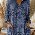 Women's Retro Print V-neck Long Sleeve Casual Loose Cotton Top