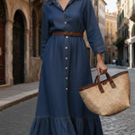 Elegant Ruffled Hem 100% Cotton Denim Dress