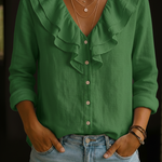 Women's Ruffled Collar Linen And Cotton Shirt