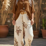 Button-down Top And Printed Wide-leg Trousers Linen Two-piece Set