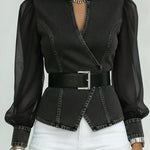 Elegant, Slim-fitting Denim Top With Organza Sleeves.