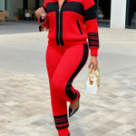 Women's Color Block Stand Collar Long Sleeve Casual Loose Knit Cardigan Top And Elastic Waist Casual Pants Set