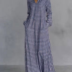 Women's Plaid Print V-neck Long-sleeved Casual Loose Cotton And Linen Dress