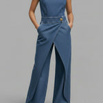 Women's Relaxed Round Neck Sleeveless Casual Loose Denim Wide-leg Jumpsuit