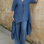 Casual Denim Button Details Top And Wide-leg Pants Two-piece Set